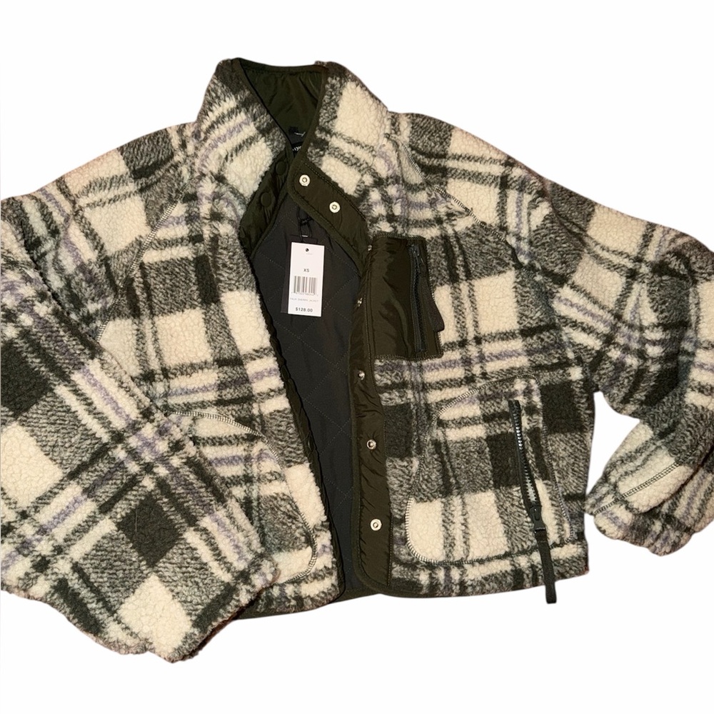 NEW Blank NYC plaid Fleece sherpa Jacket with Green Accents
